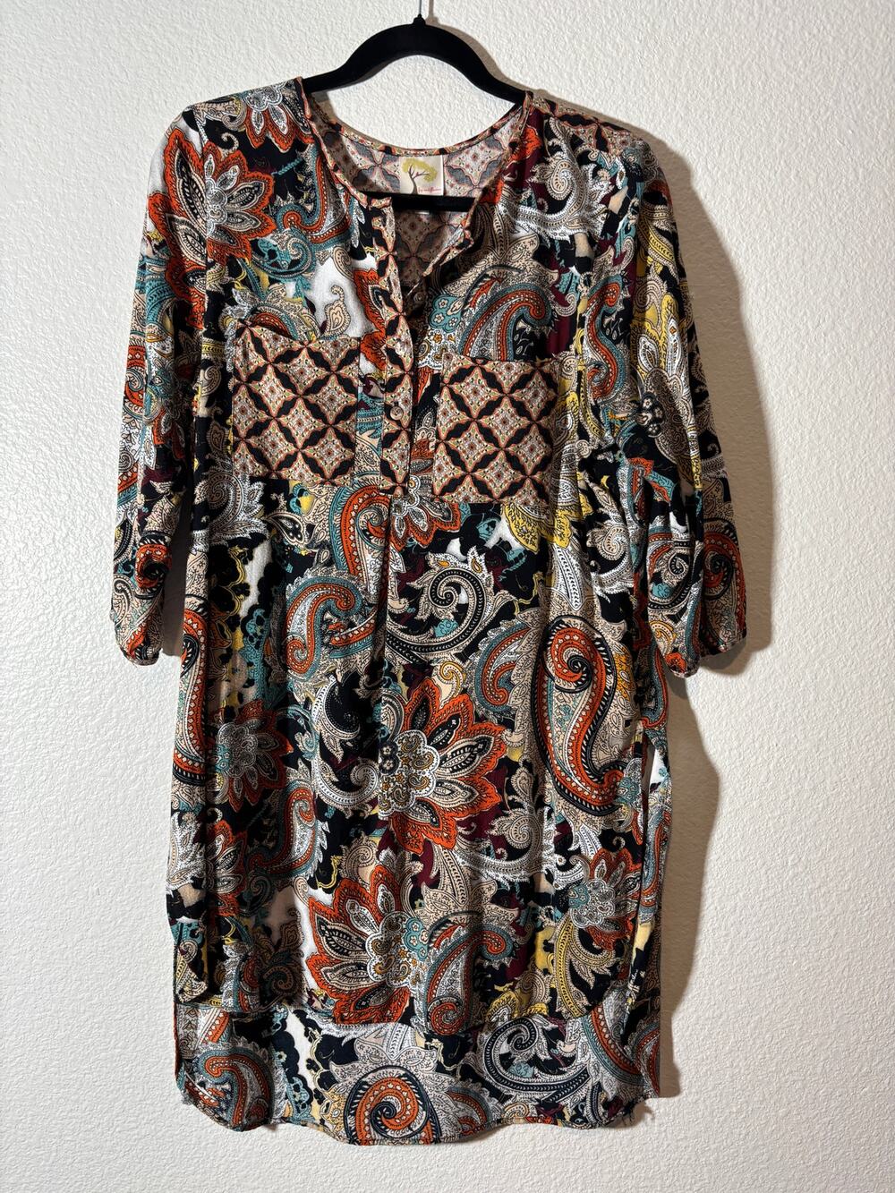 Fig and Flower Women's Size M Boho Multicolor Paisley Popover High-Low Tunic Top
